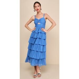 NWT, Lulus Poised Impression Blue Tiered Ruffles Cutout Midi Dress, Size Large